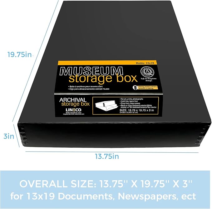 Lineco 13x19 Black Museum Storage Box, Removable Lid and Drop Front Design, 13.5 x 19.5 x 3 in Archival with Metal Edge, For Picture Longevity, Photos, Document, Crafts, Paper Art Print - Image 2