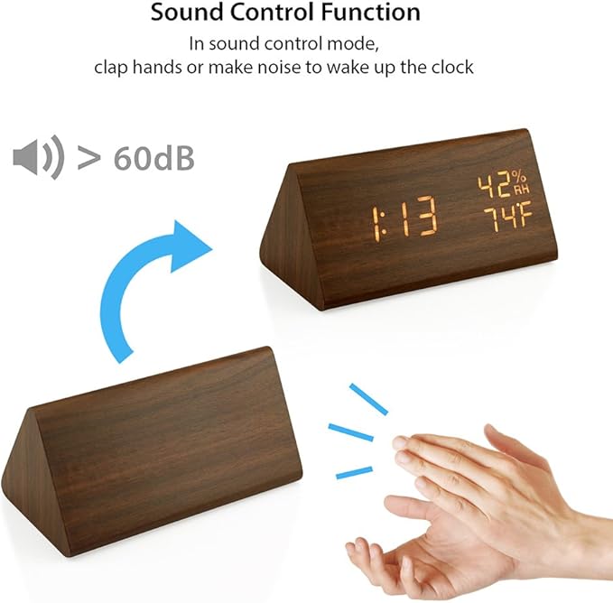 OCT17 Wooden Alarm Clock, Smart LED Digital Clock for Bedroom/desks, Upgraded with Time Temperature, Adjustable Brightness and Voice Control, Humidity Displaying - Brown - Image 5