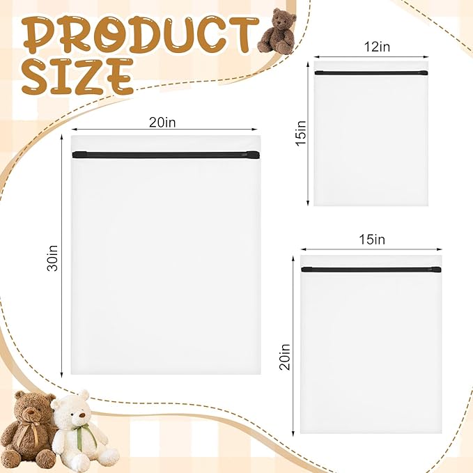 SATINIOR 3 Pack Premium Laundry Wash Bags with Zipper for Stuffed Animal Bear Doll Soft Plush Toys Items Delicate 12 x 15 15 x 20 20 x 30 Machine Wash and Dry, Fabric Bags for Household and Specialty - Image 2