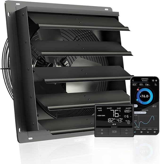 AC Infinity AIRLIFT T16, Shutter Exhaust Fan 16" with WiFi Temperature Humidity Controller, EC-Motor Wall Mount Ventilation and Cooling for Sheds, Attics, Workshops, and Greenhouses by ACInfinity