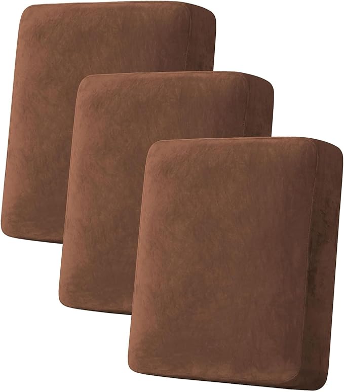 H.VERSAILTEX Velvet Stretch Couch Cushion Cover Plush Cushion Slipcover for Sofa Cushion Furniture Protector Seat Cushion Sofa Cover (3 Piece Sofa Cushion Covers, Caramel) by HVERSAILTEX