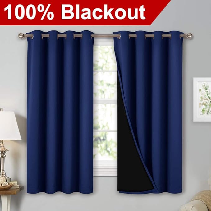 NICETOWN 100% Blackout Curtains with Black Liners, Thermal Insulated 2-Layer Lined Drapes, Energy Efficiency Small Window Draperies for Dining Room (Royal Blue, 2 Panels, 52 inches W by 54 inches L) - Image 2