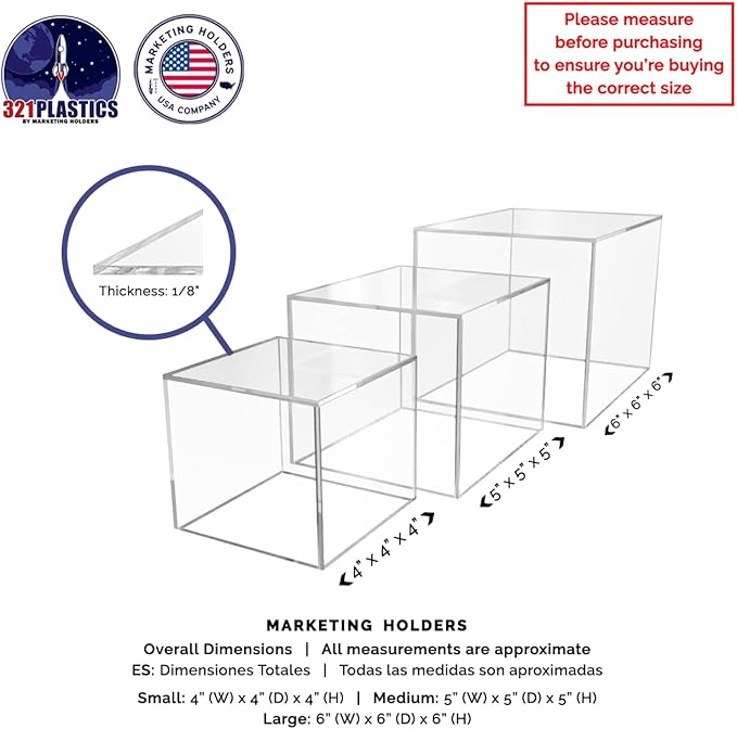 2 Pack Acrylic Display Riser Boxes 3 Piece Clear Retail Product Riser 4", 5", 6" High Nesting Bins One Open Side No Lid Merchandise Storage Box by Marketing Holders - Image 7