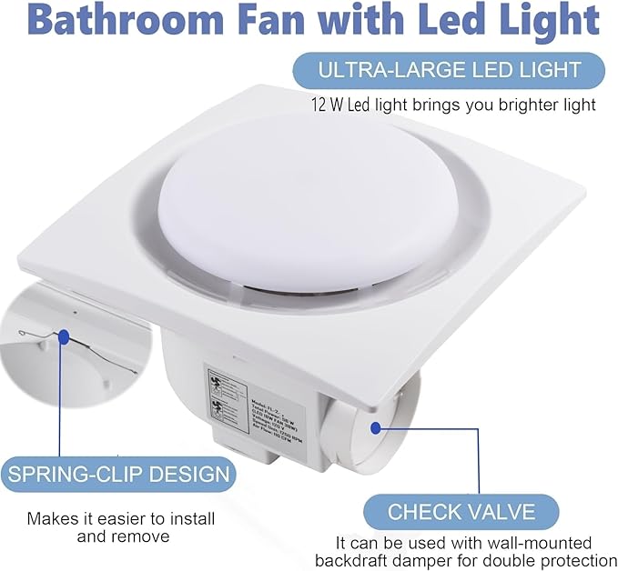 Nalle Ventilation Fans Bathroom Exhaust Fan with Light 9.6 inch Panel 6000K 12W Round LED 90 CFM 1.0 Sones 4 Inch Duct,110V Ceiling Mount Exhaust Fan for Shower,Bathroom,Office,Home(YFL-200) - Image 5