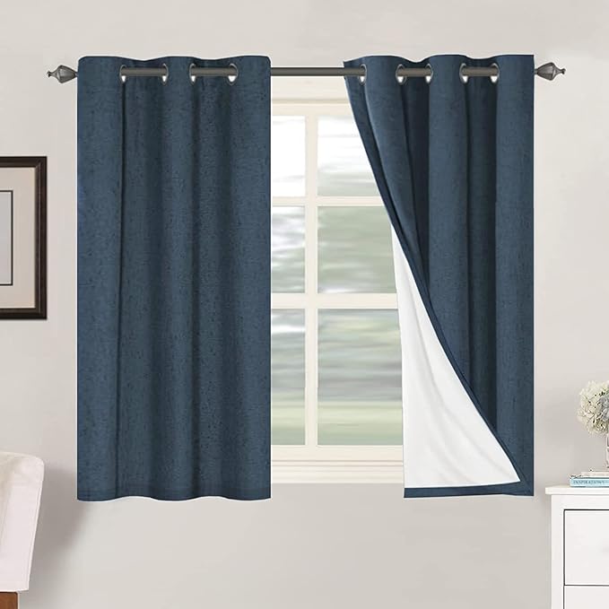 H.VERSAILTEX Primitive Linen Curtains 100% Blackout Curtain Drapes Burlap Fabric Curtains with White Thermal Insulated Liner, Grommet Top Drapes Living Room/Bedroom (2 Panels, 42 x 45 Inch, Navy) by HVERSAILTEX