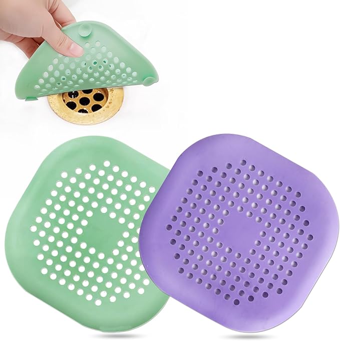 Hair Drain Catcher,Square Drain Cover for Shower Silicone Hair Stopper with Suction Cup,Easy to Install Suit for Bathroom,Bathtub,Kitchen 2 Pack (Purple Green) by Bovinde