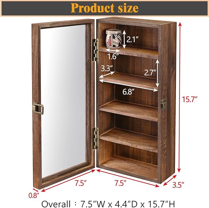 Wall Mounted Wooden Collectible Display Case 5 Shelf Display Storage Accessories Display with Acrylic Door, Sunglass Display Cabinet, Wall Shadow Box, Shelf Thimble Display Case (Carbon) - Image 3