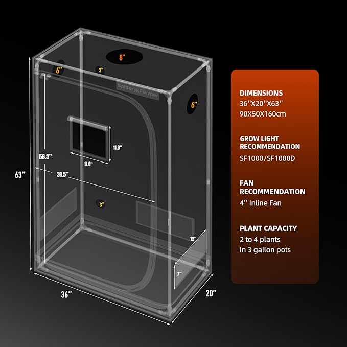 Spider Farmer 3x2 Grow Tent 2025 New, 36"x20"x63", with Hook for Controller and Power Strip, View Window, 1680D Thicken Mylar Canvas for Indoor Hydroponic Growing SF1000, SE1500, G1500 - Image 2
