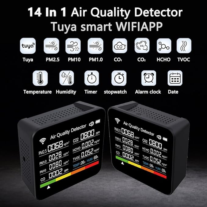 14-in-1 Air Quality Monitor, Indoor Temperature Sensors, Detect PM2.5/PM1.0/PM10/CO2/CO/TVOC/HCHO/Temperature/Humidity, Air Quality Meter for RV Home Office School Hotel - Image 3
