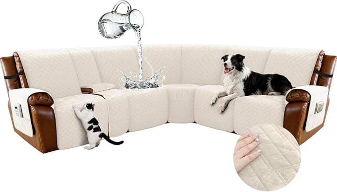 Arfntevss Waterproof Recliner Sectional Couch Covers for Reclining L Shape Sofa Cover Non Slip Washable L Shaped Slipcover Sets for Dog Furniture Protector (5 Seat with 1 Console Cover, Beige) by Arfntevss
