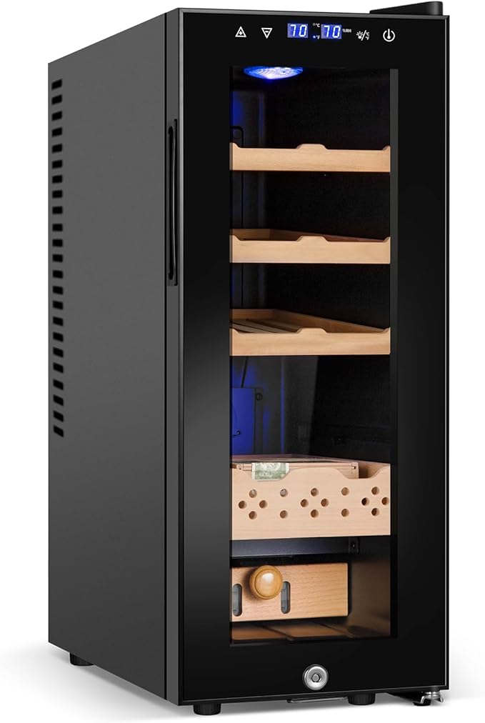Electric Cooler Cabinet 35L with Temperature and Humidity Control, Spanish Cedar Wood Shelves and Safety Lock (300 Counts Capacity), Gift for Men by FoMup