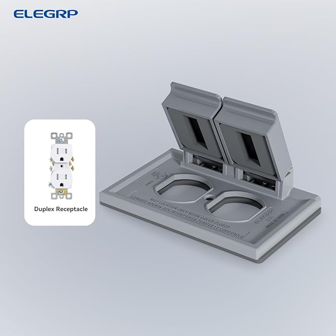 ELEGRP Horizontal Outdoor Cover for Duplex Receptacles, 2-Hole Weatherproof Wall Plate, Outdoor Electrical Outlet Cover, Standard Size 1-Gang 4.55” x 3.02”, Thermoplastic, 1 Pack, Grey - Image 4