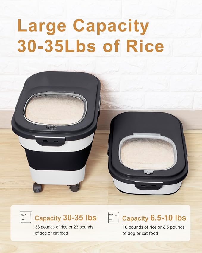 20-30 Lbs Rice Storage Container,Collapsible Food Storage Containers with Rolling Wheel Airtight Locking Lid,Flour Storage Container with Cup and Scoop,Suitable for Food,Rice,Pet Food,Flour - Image 2