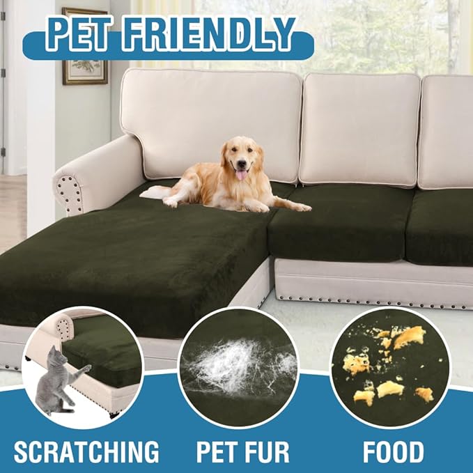 H.VERSAILTEX Velvet Stretch Sectional Couch Covers 3 Pieces Sofa Seat Cushion Covers L Shape Separate Couch Cover for Both Left/Right Sectional Couch (Large Sofa 2 Seater + 1 Chaise, Olive) - Image 4