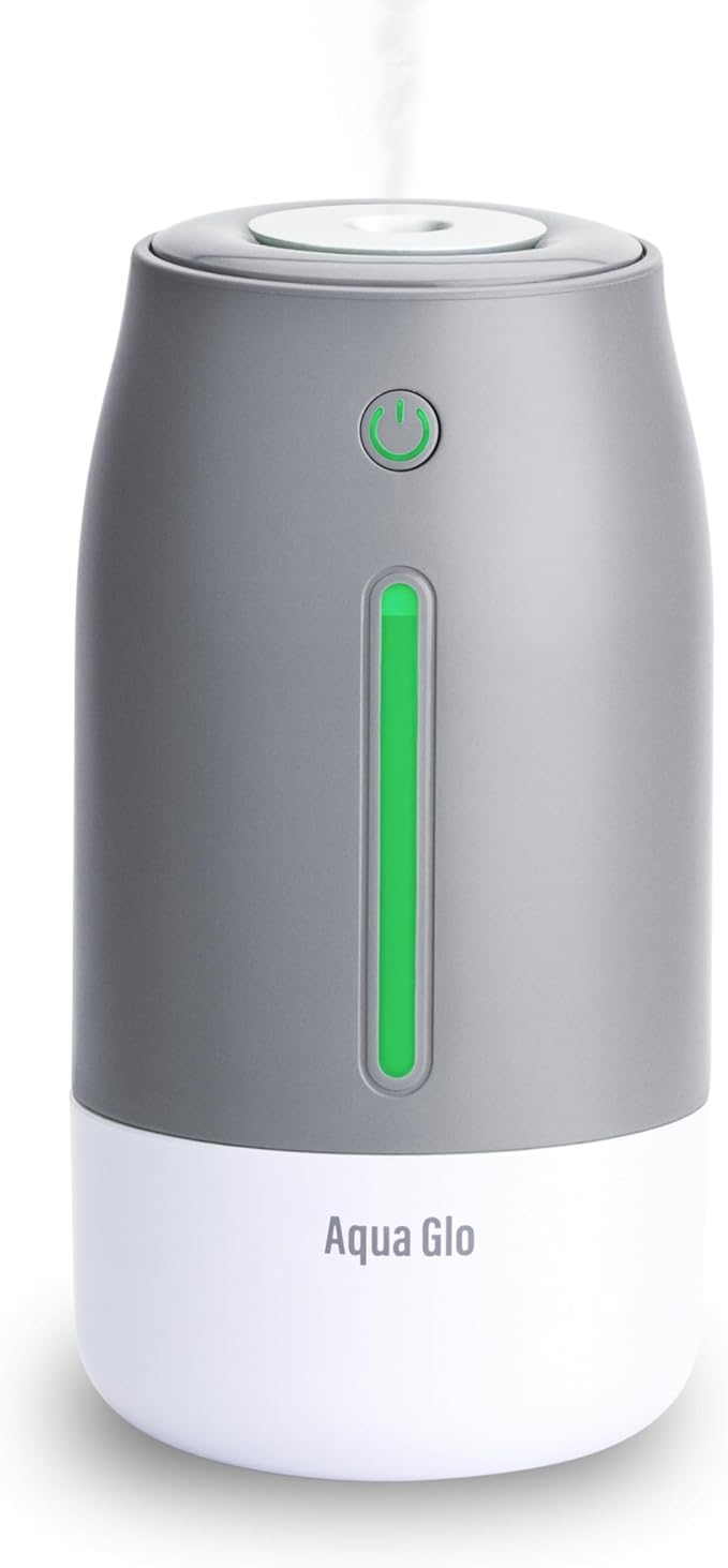 Aqua Glo Personal, Portable Humidifiers for Bedroom – Ultrasonic Cool Mist Humidifier with Built In Rechargeable Battery. Air Humidifier for Baby, Plants, Home, Office, Travel. Gray by Airvana