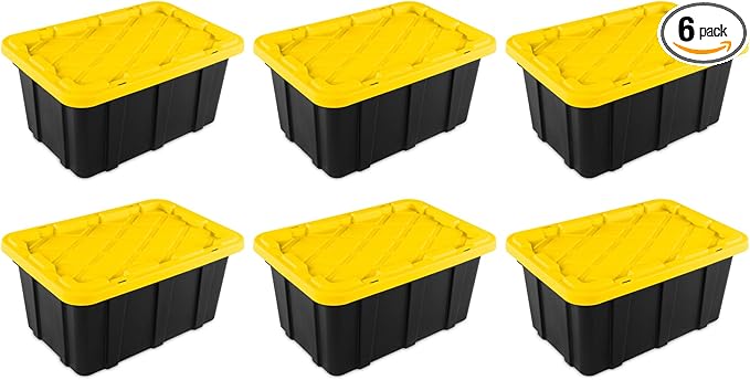 Sterilite 17 Gal Industrial Tote, Stackable Storage Bin with Snap-Fit Lid for Garage, Basement & Attic Storage, Black Base and Yellow Lily Lid, 6-Pack by Sterilite
