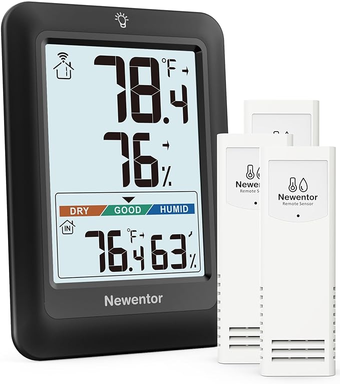 Newentor Indoor Outdoor Thermometer Wireless, Weather Stations Wireless Indoor Outdoor, Outdoor Thermometers for Patio House, Outside Inside Thermometers with Comfort Indicator, Black with 3 Sensors by Newentor