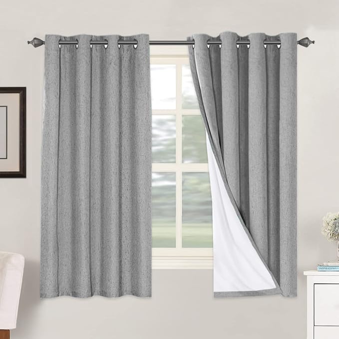 H.VERSAILTEX Linen Blackout Curtains 63 Inches Long 100% Blackout Thermal Insulated Textured Linen Look Curtain Draperies Anti-Rust Grommet, Energy Saving with White Liner, 2 Panels, Dove Gray by HVERSAILTEX