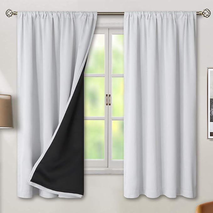 BGment Thermal Insulated 100% Blackout Curtains for Bedroom with Black Liner, Double Layer Full Room Darkening Noise Reducing Rod Pocket Curtain (42 x 63 Inch, Greyish White, 2 Panels) by BGment