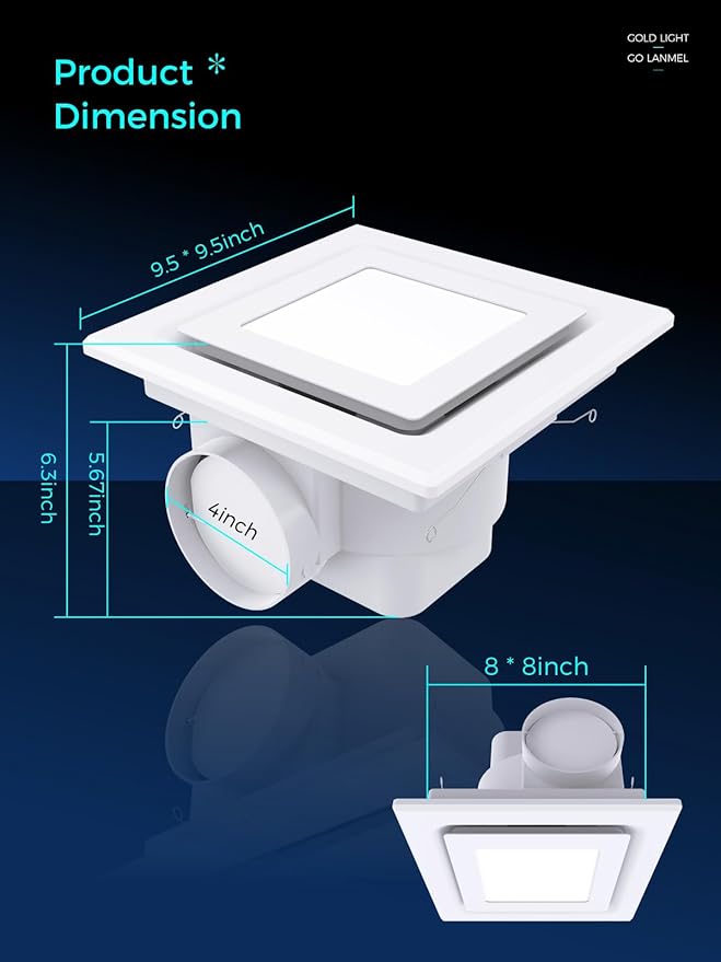 Bathroom Exhaust Fan with Light, 10" Panel Bathroom Ceiling Ventilation Fan (8x8 Mount), 112 CFM 1.0 Sones, Quiet Square Bath Fan Light Combo for Bathrooms, Shower, Office, Restroom Etc - Image 7