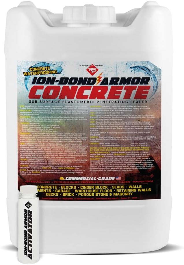 Ion-Bond Armor Industrial Concrete Sealer - 5 Gals. Waterproofing Sealer for Basement Walls, Cinder Blocks, Concrete Slabs, Fiber-Reinforced, Crawlspaces, Garage Floors. Penetrates Through Latex Paint by RadonSeal
