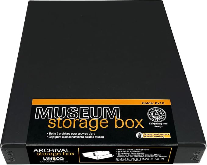 Lineco Museum Archival Storage Box, 8.75x10.75x1.5 in. Drop Front Design. Acid-Free with Metal Edge. Organize Photos, Pictures, Prints, Documents, Crafts, DIY. Black, 1 Pack by Lineco