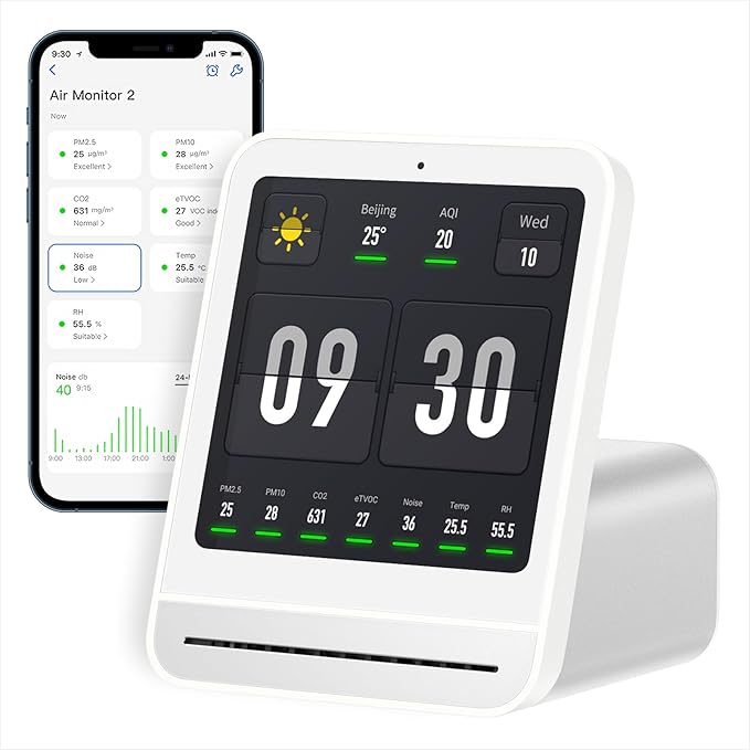 Qingping Air Quality Monitor Gen 2, Air Quality Monitor Indoor Detects PM2.5, CO2, PM10, Noise, Temperature and Humidity, New Upgraded Alarm Clock Function, Air Quality Tester for Bedroom, Smart Home by Qingping