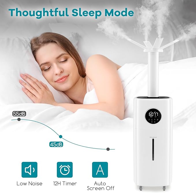 ARLIME Humidifier Large Room 2200 Sq.Ft, 5.5Gal Top Fill Commercial Humidifier w/3 Mist Levels, Power-off Memory, Extension Tube, 360° Nozzles, Whole House Humidifier w/Wheels for Bedroom, Plants - Image 2