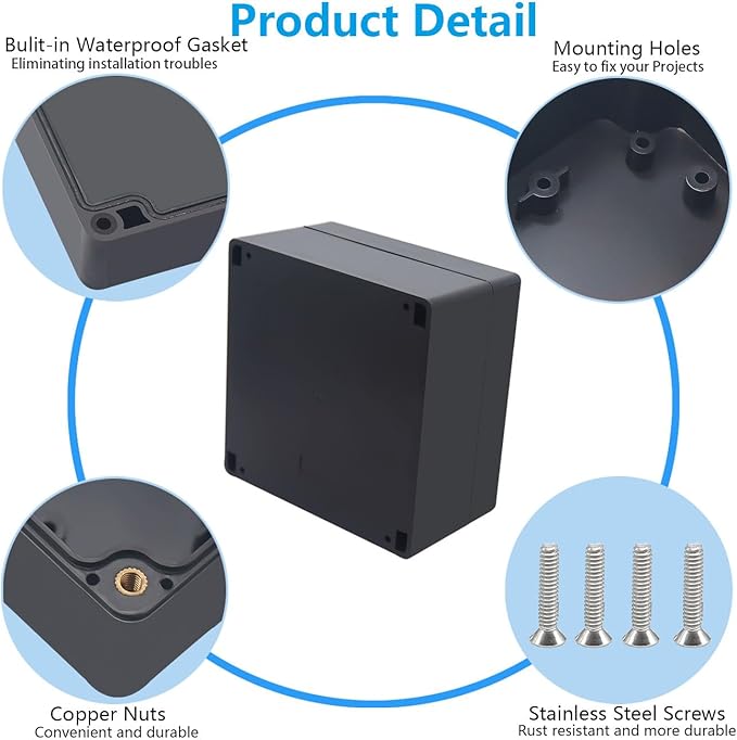 Outdoor Waterproof Junction Box IP67 Project Box ABS Black Electrical Boxes Electronic Enclsoure for DIY Project 6.3 x 6.3 x 3.5 inch (160x160x90mm) - Image 6