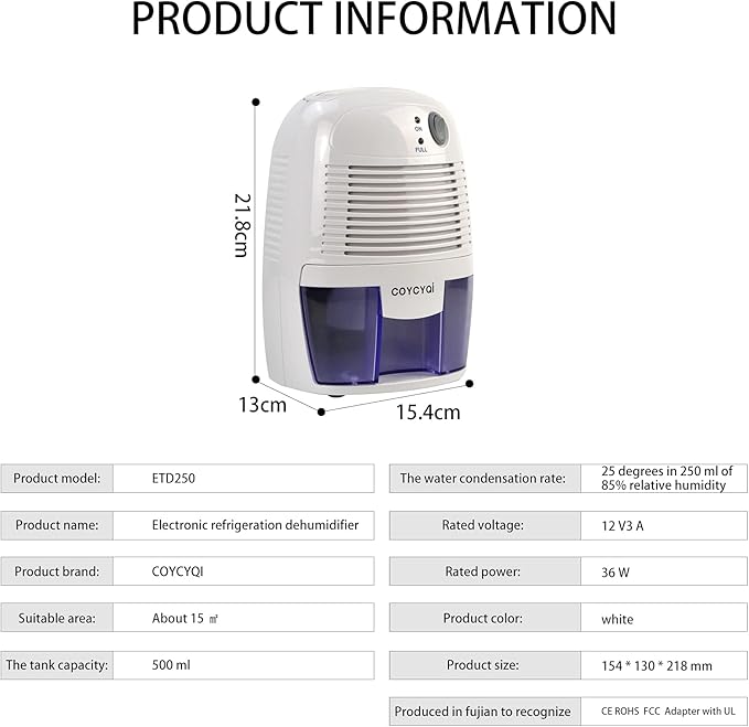 Small Dehumidifier,12V3A adapter，1200 Cubic Feet (215 sq ft) Portable Mini Dehumidifier Quiet Use for High Humidity in Home, Bathroom, Bedroom, Office, Basements, Wardrobe Closet,RV - Image 6