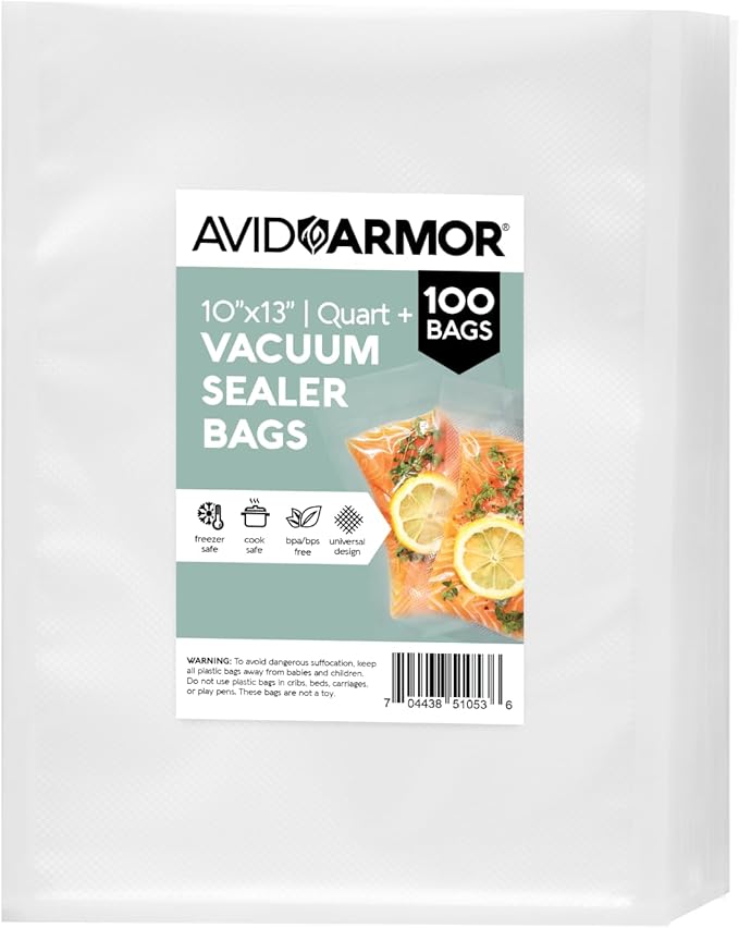 Avid Armor Vacuum Sealer Bags QUART PLUS Size 10"x13" 100 Pack for Food Saver and Seal A Meal Vac Sealers BPA Free Commercial Grade Sous Vide Vaccume Safe, Heavy Duty Universal Precut Storage Bag by AvidArmor