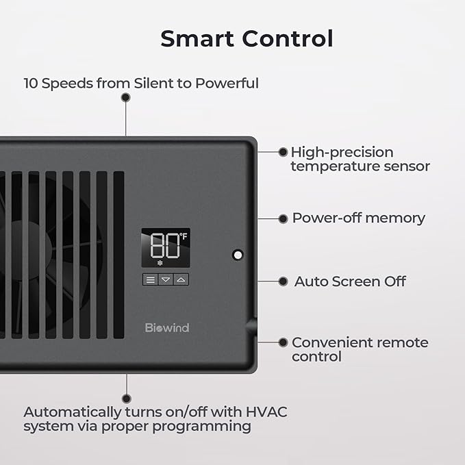 Quiet Register Booster Fan Fits 4" x 12" Register Holes, 10-Speed Smart Heating Cooling AC Vent Fan with Remote Control and Thermostat Control - Black - Image 4