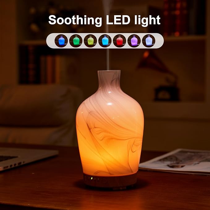 Classical Vase Art Glass Aromatherapy Diffuser 160ml ultrasonic Cool Mist Scent Aroma Essential Oil Diffu er Humidifier with Intermittent Mist & LED 7 Colorful Changing Night Light for Bedroom - Image 2