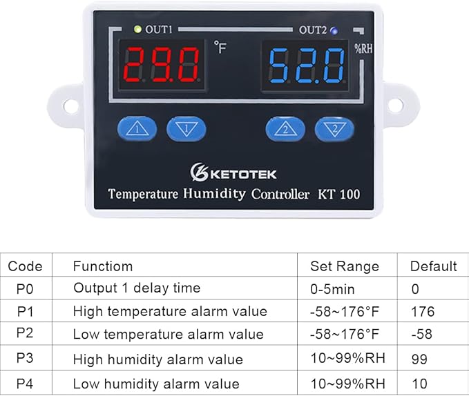 KETOTEK KT100 Humidity Temperature Controller 120V 10A Fahrenheit Digital Thermostat Humidistat Control Switch Direct Output with 1.5m Temperature Humidity Sensor - Image 4