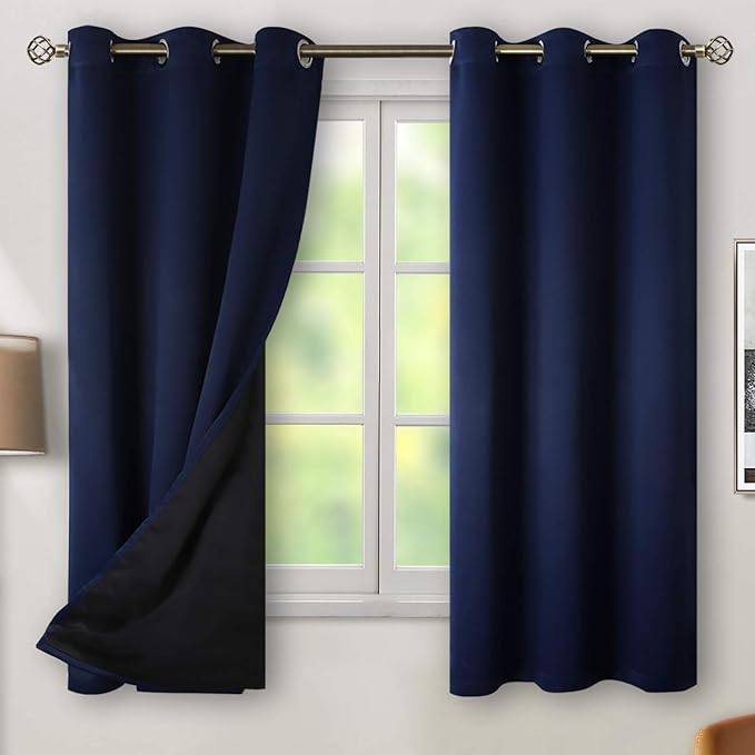 BGment Thermal Insulated 100% Blackout Curtains for Bedroom with Black Liner, Double Layer Full Room Darkening Noise Reducing Grommet Curtain (38 x 63 Inch, Navy Blue, 2 Panels) by BGment
