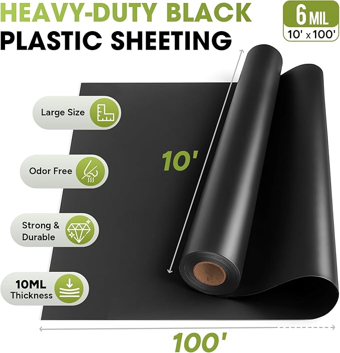 6 Mil Black Plastic Sheeting 10x100 FT – UV Protection Poly Sheeting Polyethylene Film, Black Plastic Rolls for Garden, Crawl Space Vapor Barrier, Construction, Landscaping, Weed, Moisture Control - Image 3