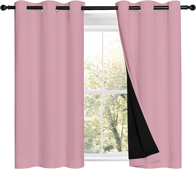 NICETOWN 100% Blackout Short Curtains with Black Liners, 2 Panels, 37" W by 40" L, Crystal Pink, Thermal Insulated Full Blackout 2-Layer Lined Drapes, Energy Efficiency Window Draperies for Bedroom by NICETOWN