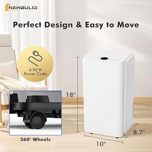 NEWBULIG 30Pints Dehumidifier with Drain Hose, 2,000 Sq.Ft Dehumidifier for Basement, 0.53 Gallon Tank, Low 38dB, Smart Humidity Ring, Ideal Whole House Humidity Remover for Home, Bedroom & Bathroom - Image 8