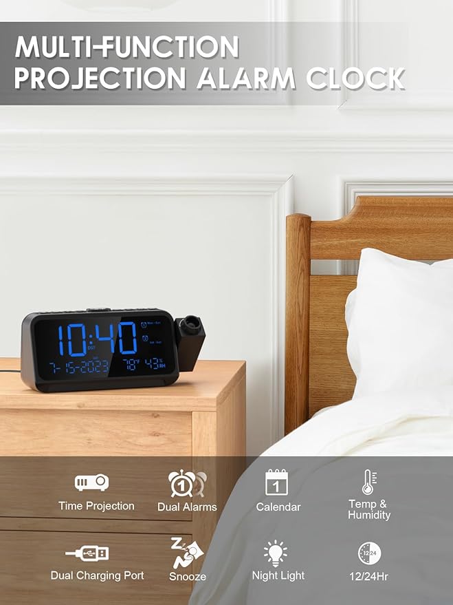ROCAM Projection Alarm Clock for Bedroom Ceiling, Digital Clock with 180° Projector with 5-Level Dimmer, Dual Loud Alarm with Weekend/Weekday Mode, Date, Temp, Humidity, Night Light, DST, Snooze - Image 2