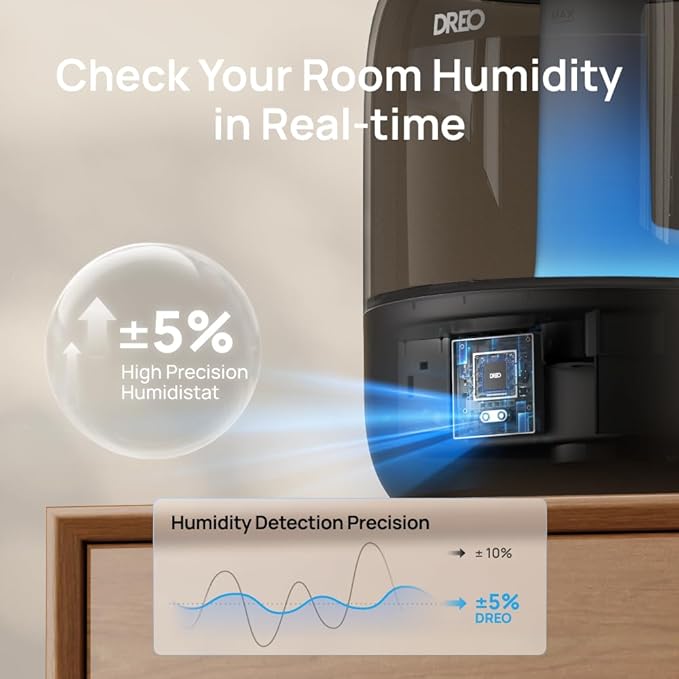 DREO Humidifiers for Bedroom, 3L Top Fill 30H & 26dB Quiet Runtime for Large Room, Cool Mist Ultrasonic Humidifier with Humidity Sensor, Night Light for Home, Baby, Nursery, Plants, 360° Nozzle, Black - Image 4