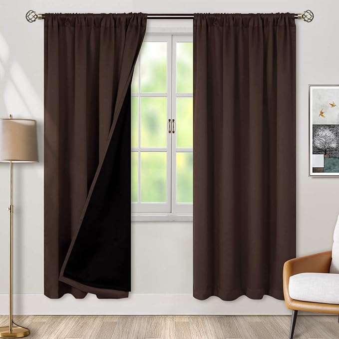 BGment Thermal Insulated 100% Blackout Curtains for Bedroom with Black Liner, Double Layer Full Room Darkening Noise Reducing Rod Pocket Curtain (52 x 84 Inch, Brown, 2 Panels) by BGment
