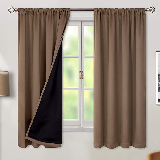 BGment Thermal Insulated 100% Blackout Curtains for Bedroom with Black Liner, Double Layer Full Room Darkening Noise Reducing Rod Pocket Curtain (52 x 63 Inch, Taupe, 2 Panels) by BGment