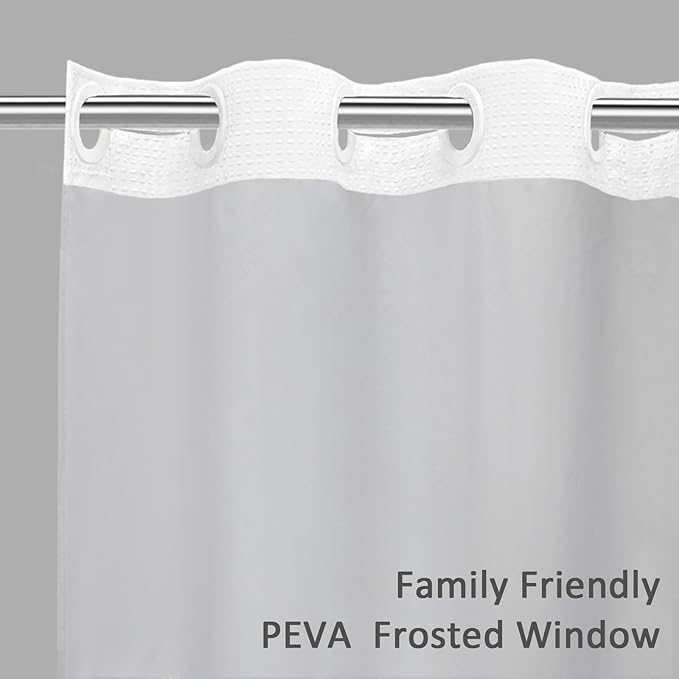No Hook Shower Curtain with Fabric Liner White Hotel Waffle 75" L x 72" W,PEVA Frosted Window - Image 2