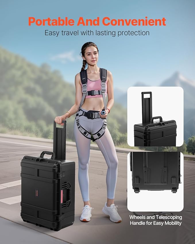 VEVOR Weatherproof Hard Case, Heavy Duty Protective Dry Box Case with Pre-Cut Foam, Wheel Retractable Pull Handles for Travel, Hunt, Military, Tactical, IP67 Waterproof Case for Camera(24.8*19.7*12.5) - Image 6