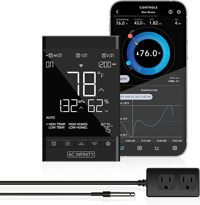 AC Infinity CONTROLLER 79 PRO, WiFi Outlet Controller, Independent Programs for Two Devices, Wall Hang Digital Thermostat with Temperature, Humidity, VPD, & Timer Controls, For Seed Starting Heat Mats by ACInfinity