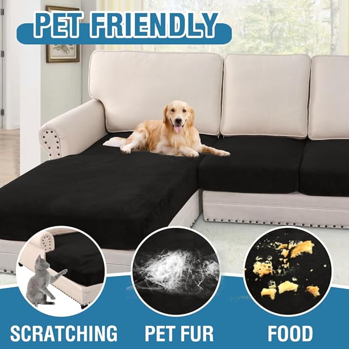 H.VERSAILTEX Velvet Stretch Sectional Couch Covers 4 Pieces Sofa Seat Cushion Covers L Shape Separate Cushion Couch Chaise Cover for Both Left/Right Couch (Large Sofa 3 Seater + 1 Chaise, Black) - Image 3