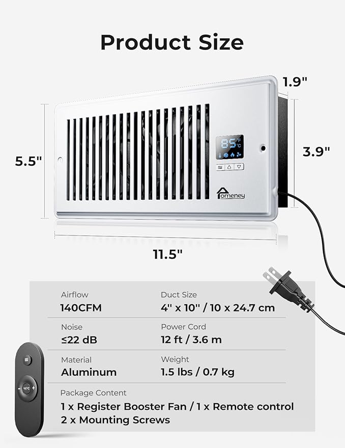 Register Booster Fan, Fits 4” x 10” 140CFM with Remote Control, Smart Vent Fan Booster with Adjustable 10-Speed Control, Quiet Heating Cooling with Thermostat Control for Wall, Floor - Image 7