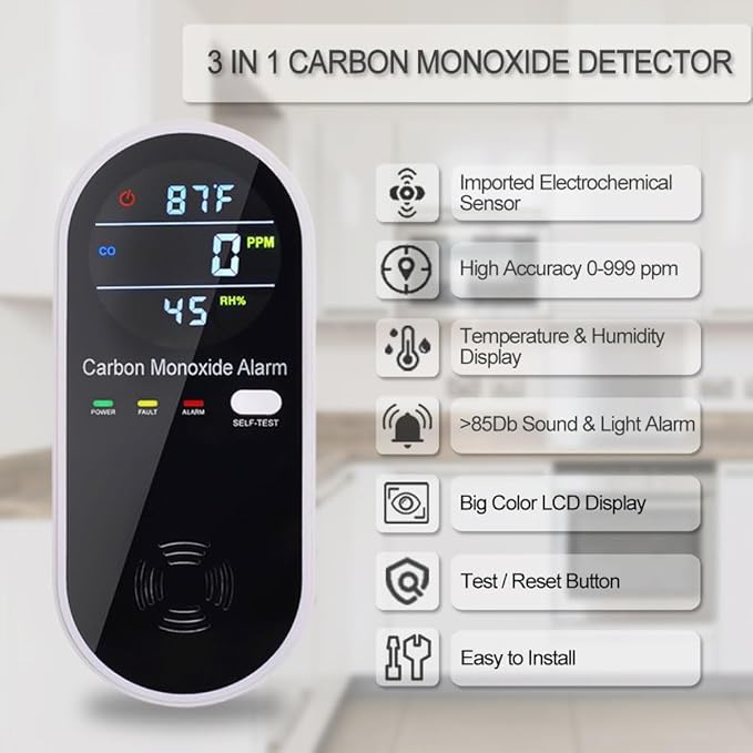 3 in 1 Carbon Monoxide Detector, KH Alert Portable Carbon Monoxide Detectors for Travel, Plug in Carbon Monoxide Detector with Temperature Humidity Sensor Built-in, Easy to Read & Install - Image 3