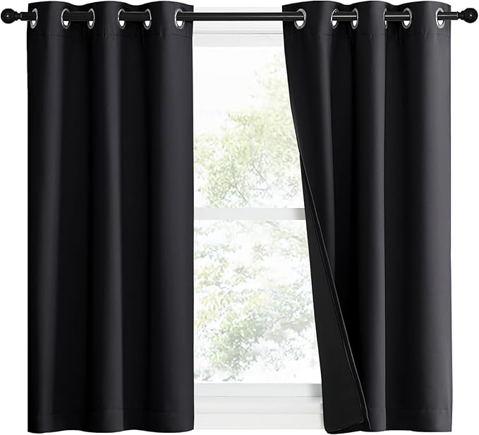 NICETOWN Complete 100% Blackout Curtain Set, Black, 37" W by 50" L, Double Panels, Thermal Insulated & Energy Efficiency Window Draperies with Black Liner, Noise Reducing Short Curtains for Kids Room by NICETOWN