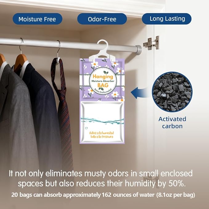 Hanging High-Purity Moisture Absorber, 20 pack with Activated Carbon, eliminates musty odors during humid summers, ideal for drawers and wardrobes,15% greater moisture absorption. (162 oz) - Image 2